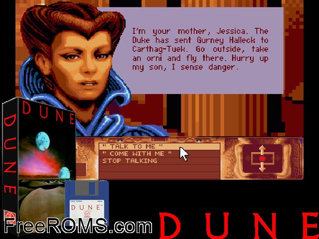 Dune Amiga game showing 3D box cover and gameplay screenshot