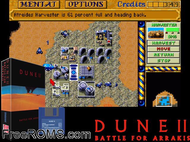 Dune 2 Amiga game showing 3D box cover and gameplay screenshot