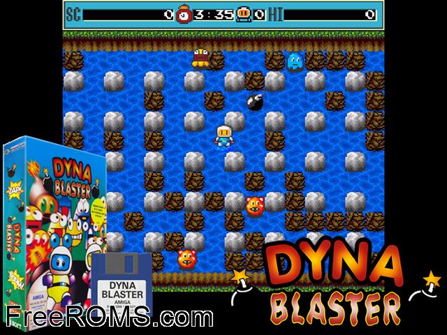 Dyna Blaster Amiga game showing 3D box cover and gameplay screenshot