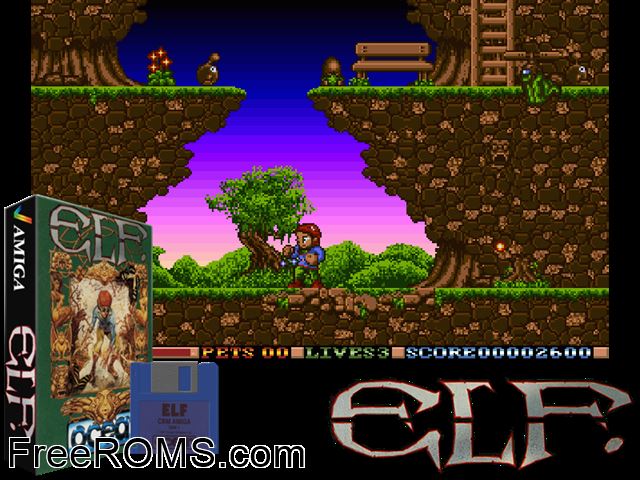 Elf Amiga game showing 3D box cover and gameplay screenshot
