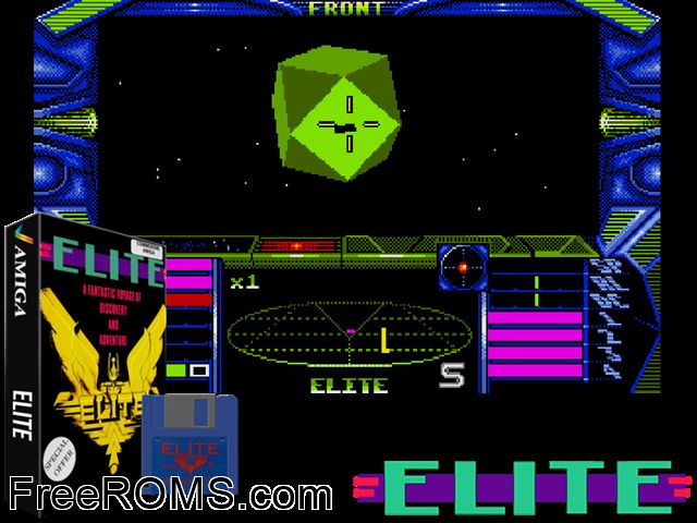 Elite Amiga game showing 3D box cover and gameplay screenshot