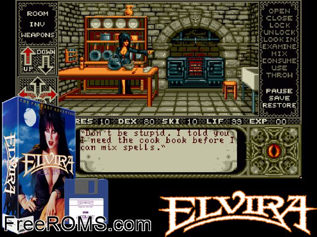 Elvira Amiga game showing 3D box cover and gameplay screenshot