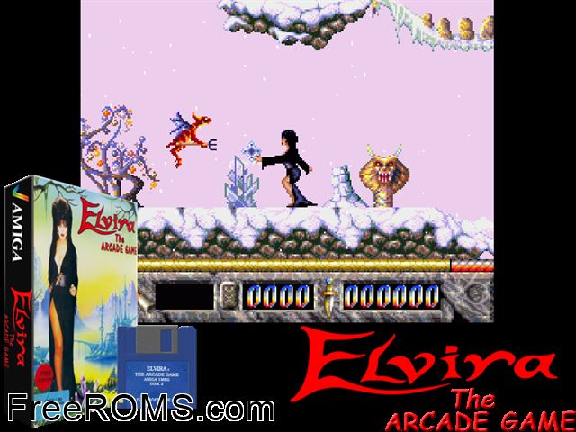 Elvira the Arcade Game Amiga game showing 3D box cover and gameplay screenshot