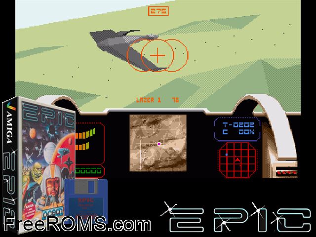 Epic Amiga game showing 3D box cover and gameplay screenshot