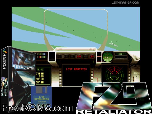 F29 Retaliator Amiga game showing 3D box cover and gameplay screenshot