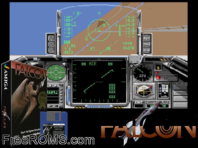 Falcon Amiga game showing 3D box cover and gameplay screenshot