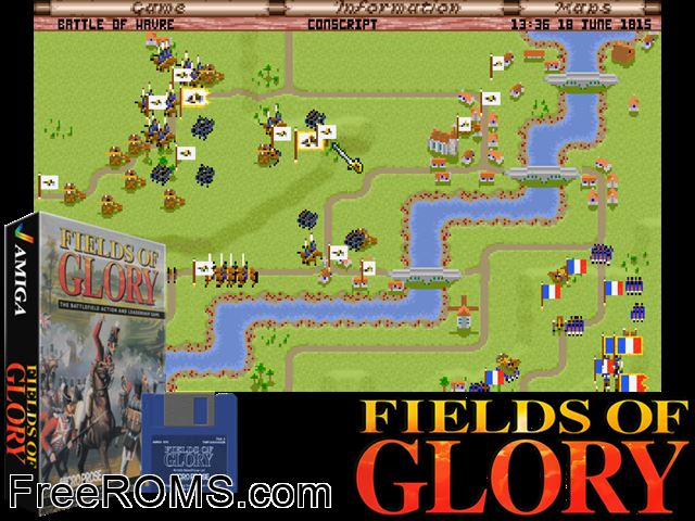 Fields of Glory Amiga game showing 3D box cover and gameplay screenshot