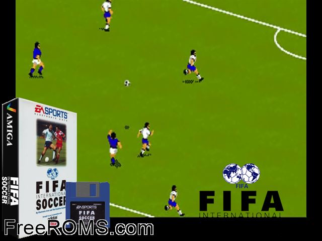 Fifa International Soccer Amiga game showing 3D box cover and gameplay screenshot