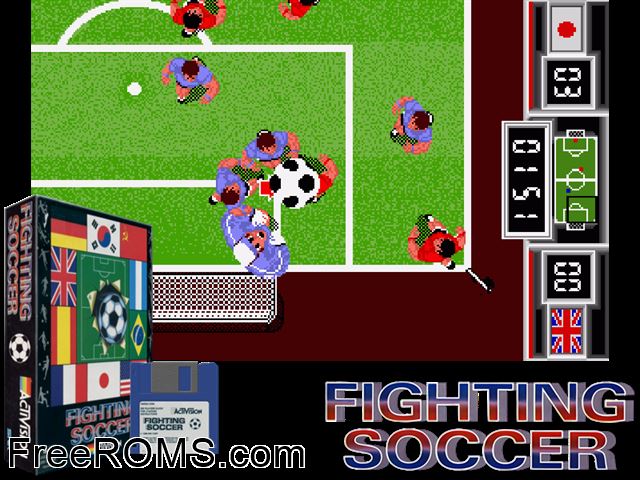 Fighting Soccer Amiga game showing 3D box cover and gameplay screenshot