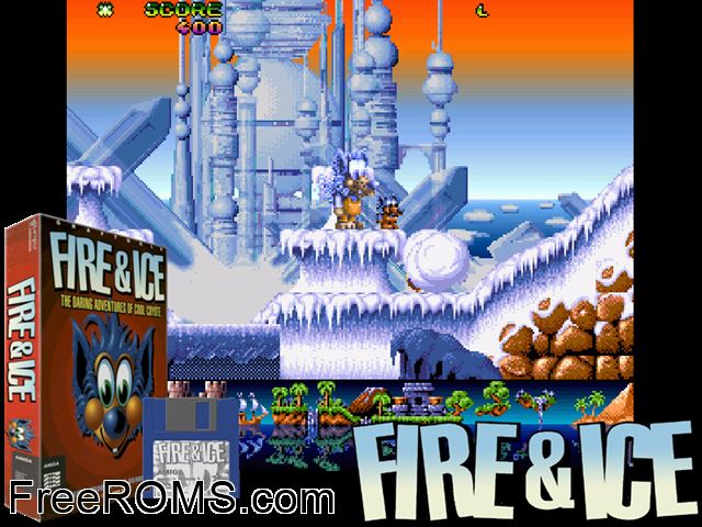Fire and Ice Amiga game showing 3D box cover and gameplay screenshot