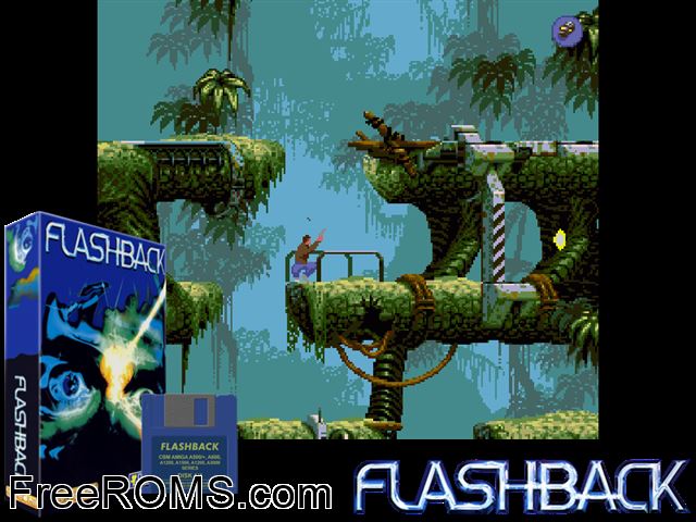 Flashback Amiga game showing 3D box cover and gameplay screenshot