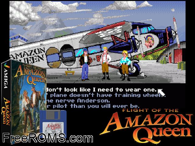 Flight of the Amazon Queen Amiga game showing 3D box cover and gameplay screenshot