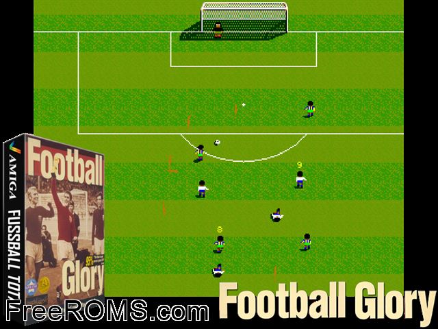 Football Glory Amiga game showing 3D box cover and gameplay screenshot
