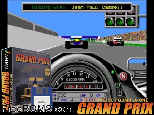 Formula One Grand Prix Amiga game showing 3D box cover and gameplay screenshot