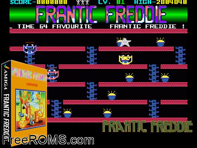 Frantic Freddie Amiga game showing 3D box cover and gameplay screenshot