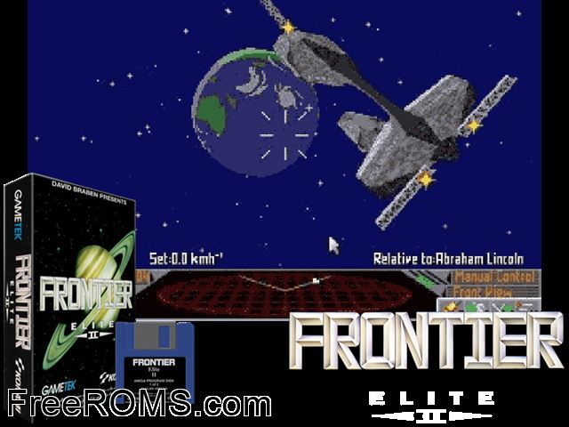 Frontier Amiga game showing 3D box cover and gameplay screenshot