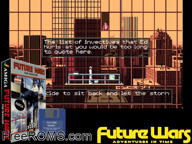 Future Wars Amiga game showing 3D box cover and gameplay screenshot