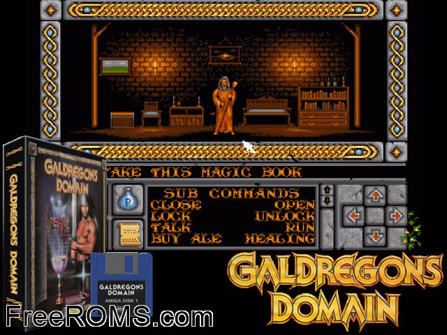 Gald Regons Domain Amiga game showing 3D box cover and gameplay screenshot