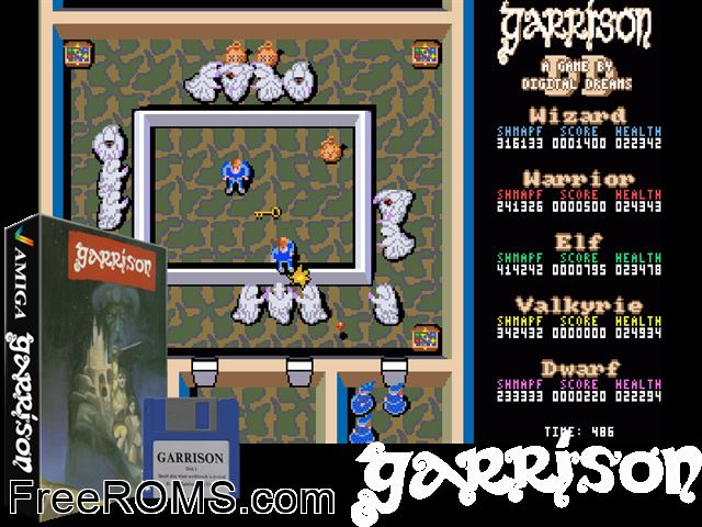 Garrison Amiga game showing 3D box cover and gameplay screenshot