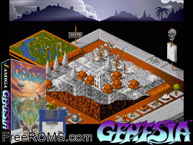 Genesia Amiga game showing 3D box cover and gameplay screenshot