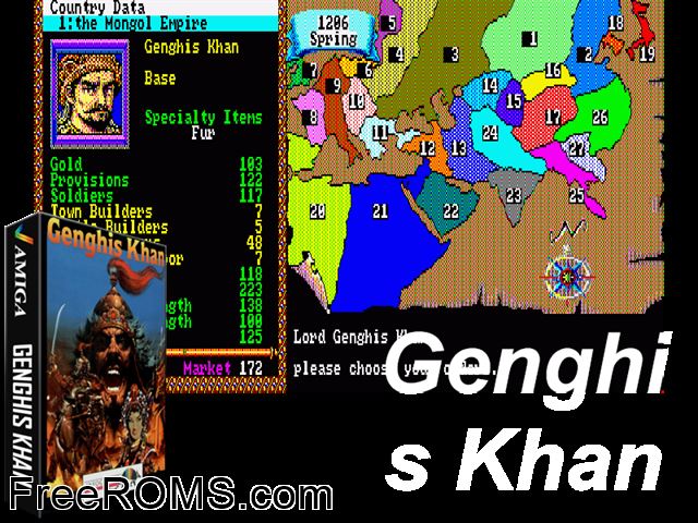 Genghiskhan Amiga game showing 3D box cover and gameplay screenshot