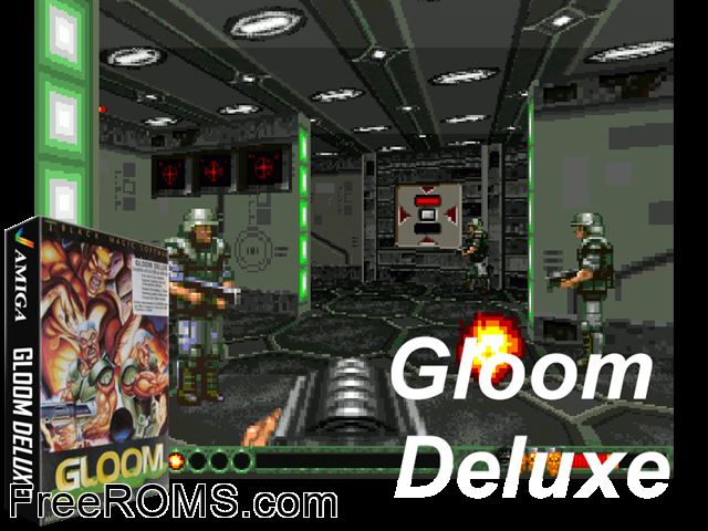 Gloom Amiga game showing 3D box cover and gameplay screenshot