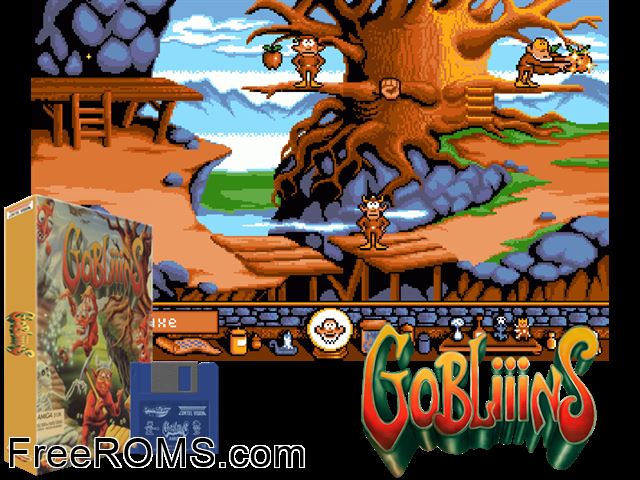 Gobliiins Amiga game showing 3D box cover and gameplay screenshot