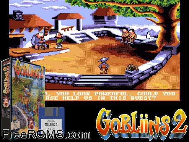 Gobliins 2 Amiga game showing 3D box cover and gameplay screenshot