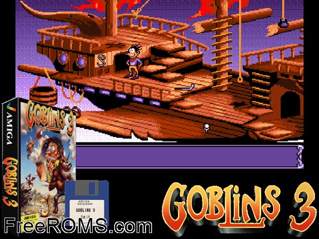 Gobliins 3 Amiga game showing 3D box cover and gameplay screenshot
