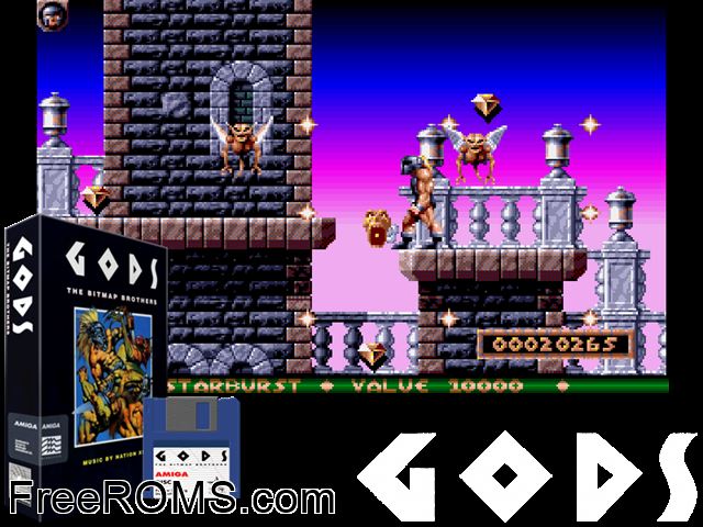 Gods Amiga game showing 3D box cover and gameplay screenshot
