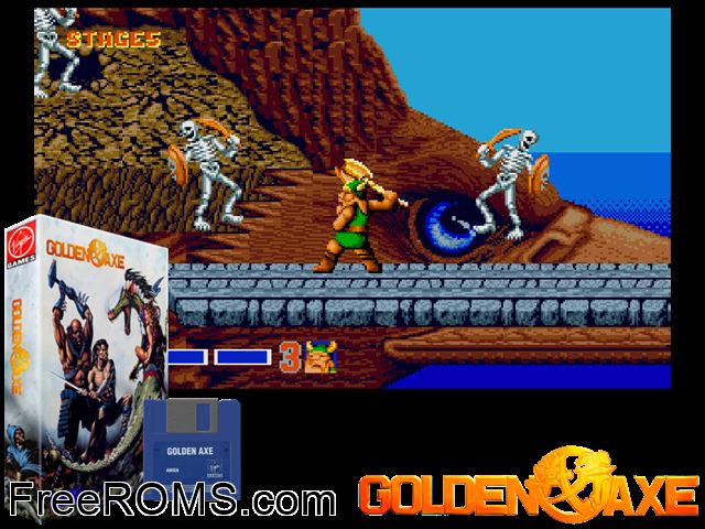 Golden Axe Amiga game showing 3D box cover and gameplay screenshot