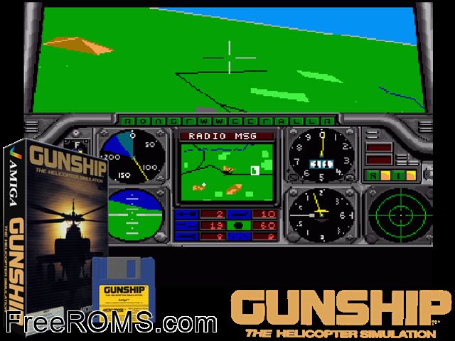 Gunship Amiga game showing 3D box cover and gameplay screenshot