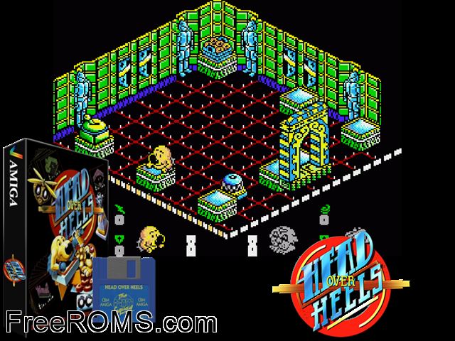 Head Over Heels Amiga game showing 3D box cover and gameplay screenshot