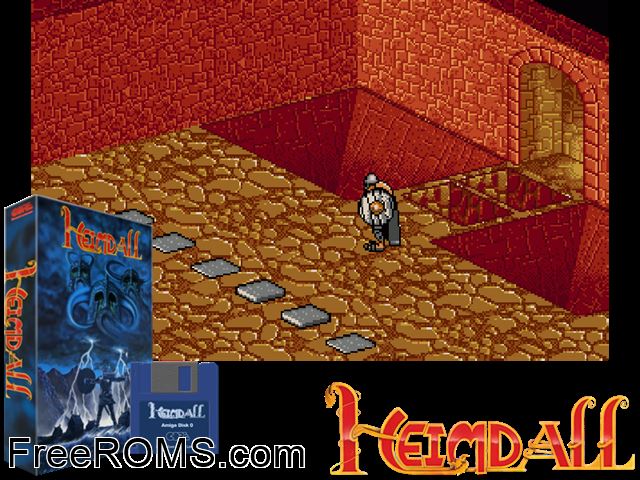 Heimdall Amiga game showing 3D box cover and gameplay screenshot