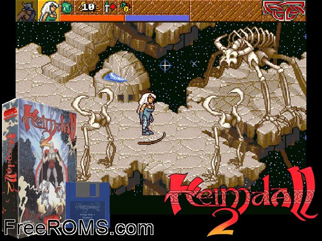 Heimdall 2 Amiga game showing 3D box cover and gameplay screenshot