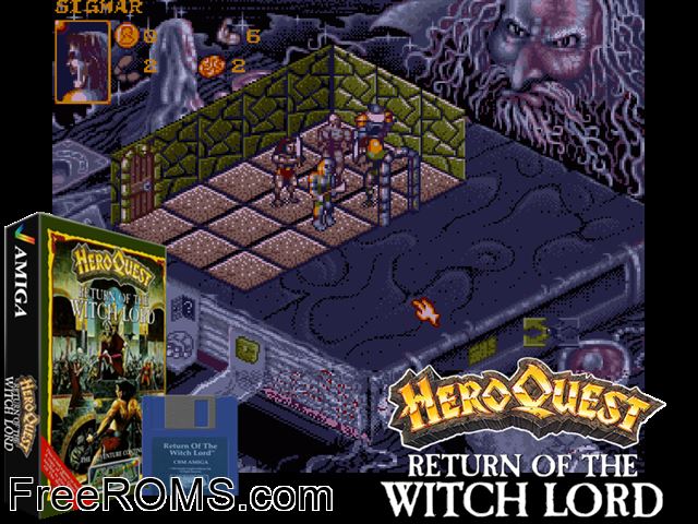 Hero's Quest Amiga game showing 3D box cover and gameplay screenshot