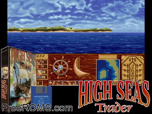 High Sea Strader Amiga game showing 3D box cover and gameplay screenshot