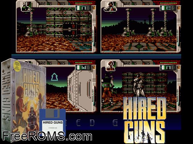 Hired Guns Amiga game showing 3D box cover and gameplay screenshot