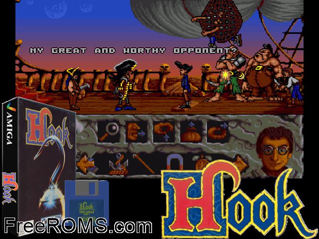Hook Amiga game showing 3D box cover and gameplay screenshot