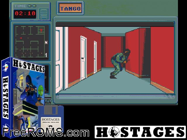 Hostages Amiga game showing 3D box cover and gameplay screenshot