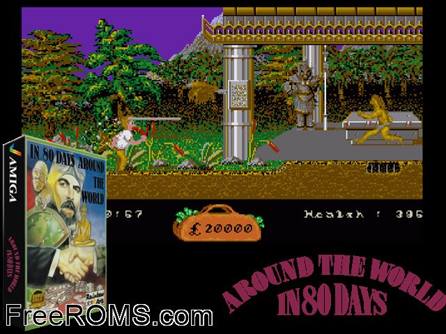 In Eighty Days Around the World Amiga game showing 3D box cover and gameplay screenshot