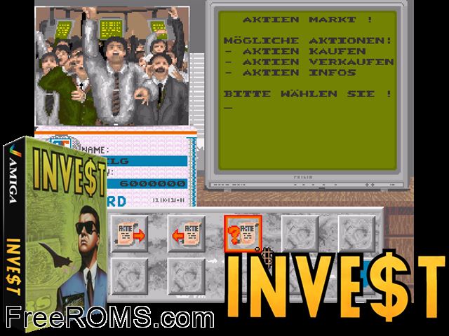 Invest German Amiga game showing 3D box cover and gameplay screenshot