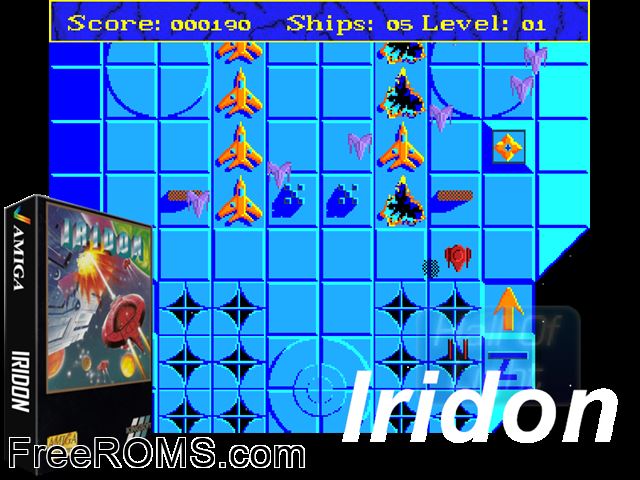 Iridon Amiga game showing 3D box cover and gameplay screenshot
