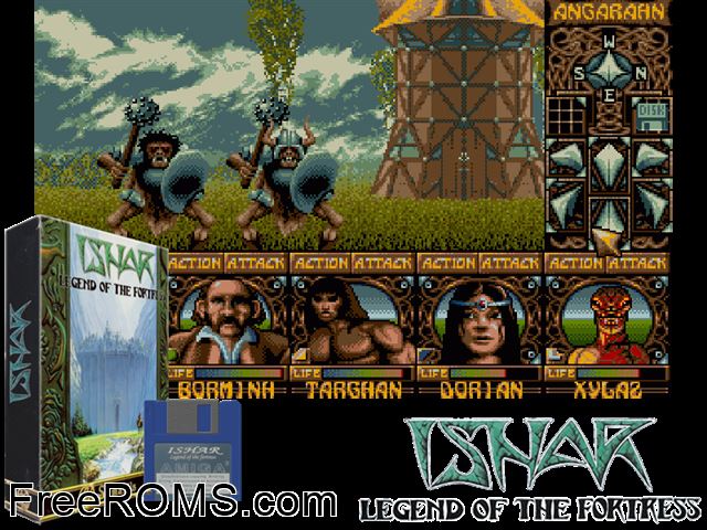 Ishar Amiga game showing 3D box cover and gameplay screenshot
