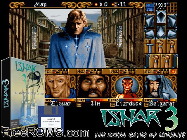 Ishar 3 aga Amiga game showing 3D box cover and gameplay screenshot