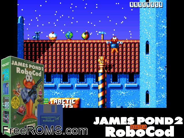 James Pond 2 Amiga game showing 3D box cover and gameplay screenshot