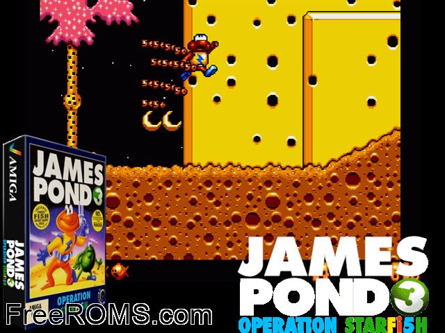 James Pond 3 Amiga game showing 3D box cover and gameplay screenshot