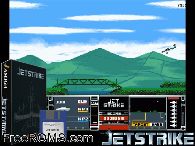 Jet Strike Amiga game showing 3D box cover and gameplay screenshot