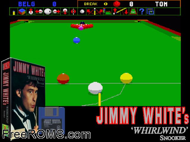 Jimmy Whites Snooker Amiga game showing 3D box cover and gameplay screenshot