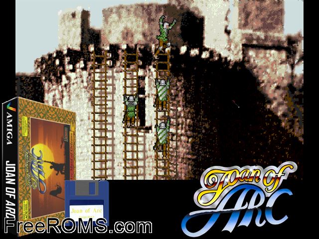 Joan of Arc Amiga game showing 3D box cover and gameplay screenshot